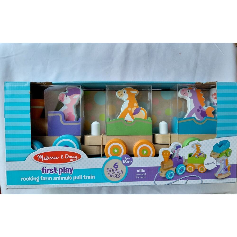 Melissa & Doug First Play Wooden Rocking Farm Animals Pull Train NWT